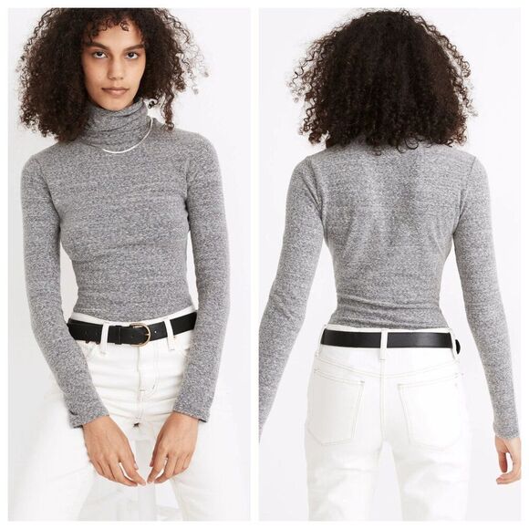 Madewell Turtleneck Bodysuit Long Sleeve Stretch Heather Smoke Gray Size L NWT - Picture 1 of 13